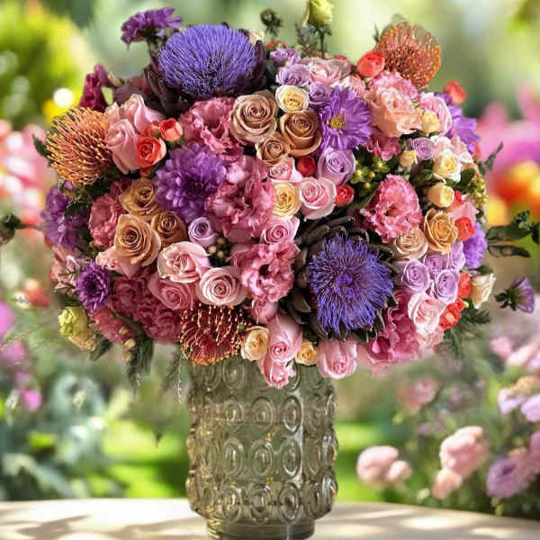 Large mixed bouquet in a patterned glass vase with pink, purple, and peach flowers