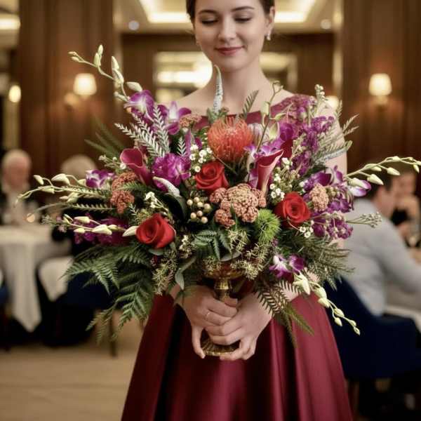 Woman holding a large bouquet of red, pink, and purple flowers in a gold vase