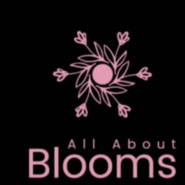 Pink floral logo with the words All About Blooms on a black background
