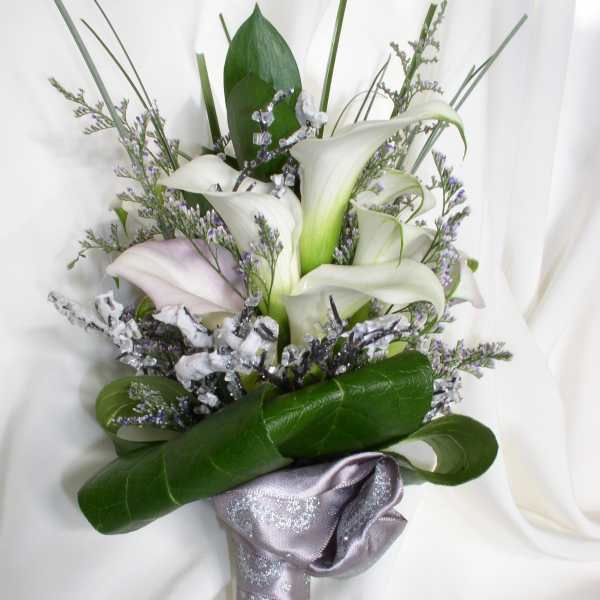 White calla lily bouquet with silver ribbon wrap