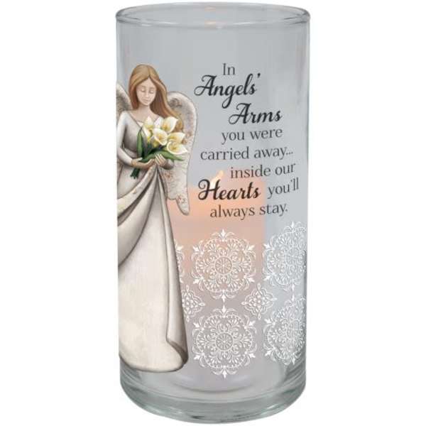 Glass memorial candle holder with an angel and sympathy message