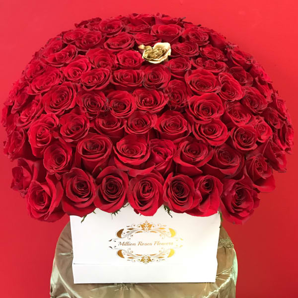 Large dome of red roses in a white box with one gold rose