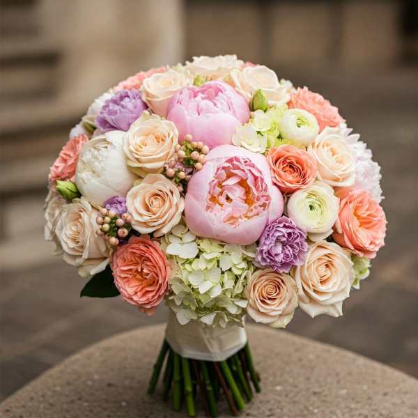 Round bouquet of pink, peach, white, and purple flowers