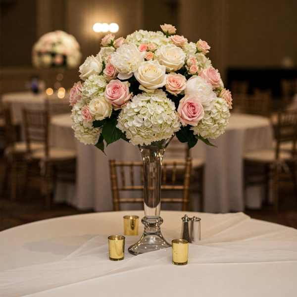 White and pink rose centerpiece in a tall glass vase