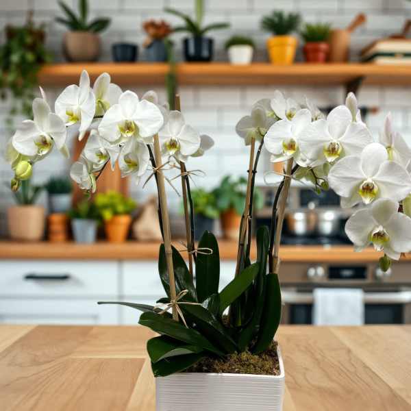 White orchids arranged in a square white planter on a wooden table