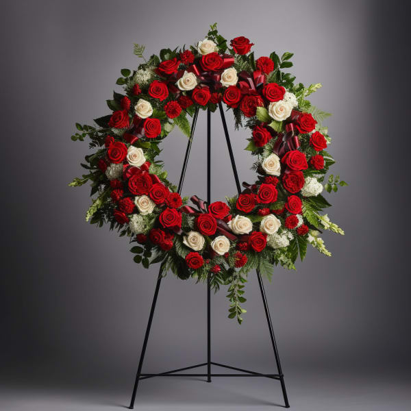 Circular wreath of red and white roses on a black stand