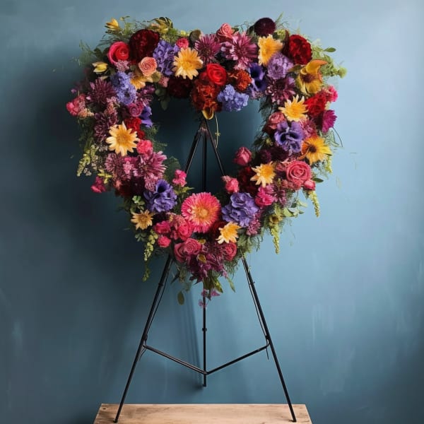 Heart-shaped floral wreath on a black stand with multicolored blooms
