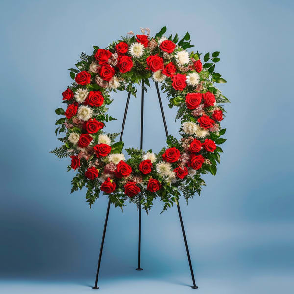 Circular standing wreath of red roses and white flowers on an easel