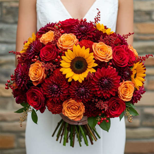 Bridal bouquet of red, orange, and yellow flowers