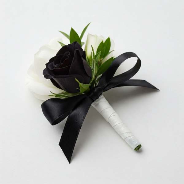 Black and white rose boutonniere with a black ribbon