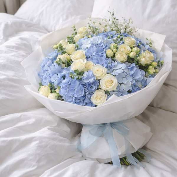 Blue sky escape bouquet- Hydrengea, Baby rose, Eucaliptus