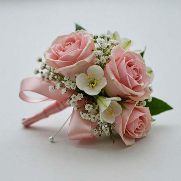 Pink rose boutonniere with white accent flowers and satin ribbon