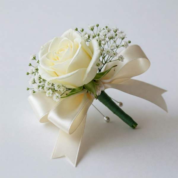 White rose boutonniere with baby's breath and cream ribbon