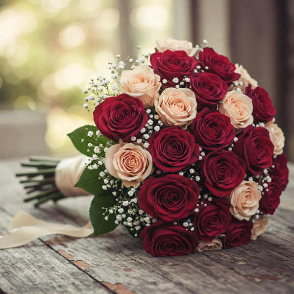 Bouquet of red and blush roses with baby's breath
