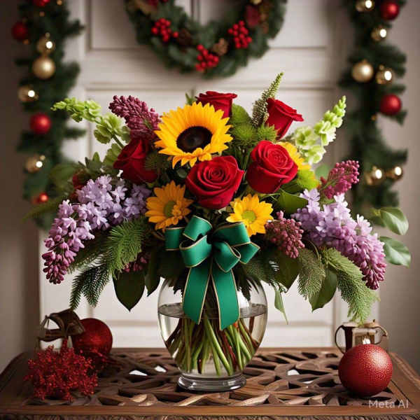 Bouquet of red roses, sunflowers, and lilac flowers in a glass vase