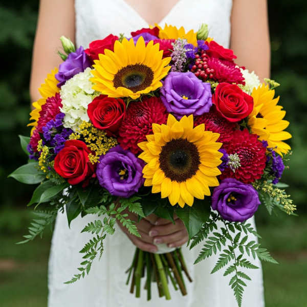 Bride holding a colorful bouquet with sunflowers, roses, and purple blooms