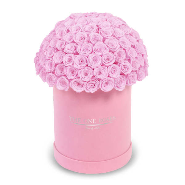 Pink roses arranged in a round hatbox