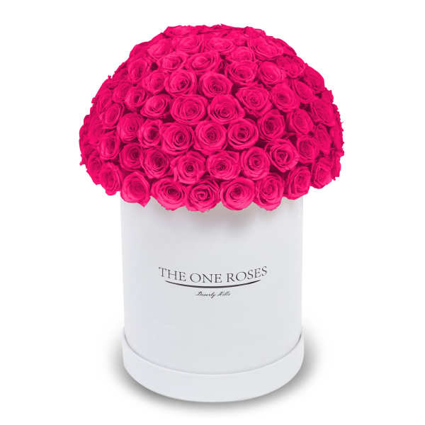 Hot pink roses arranged in a white round box