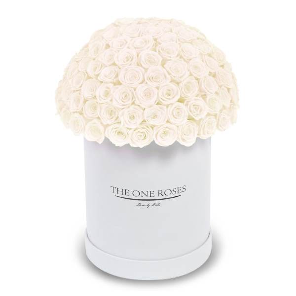 White roses arranged in a round hat box