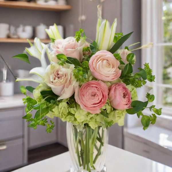 Pink roses and white lilies in a clear glass vase