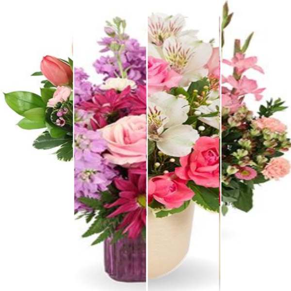 Mixed pink and purple flower arrangements in vases
