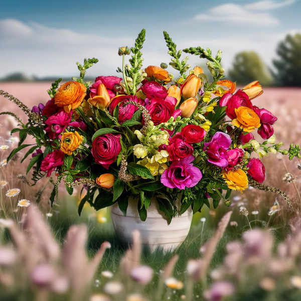 Bright mixed bouquet in a white vase with pink, orange, and yellow blooms.