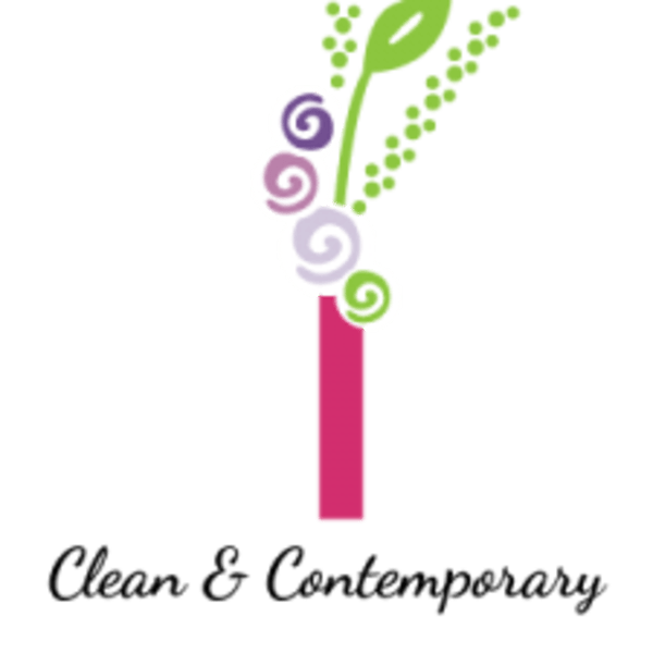 Stylized floral graphic with green stems and purple spiral blooms