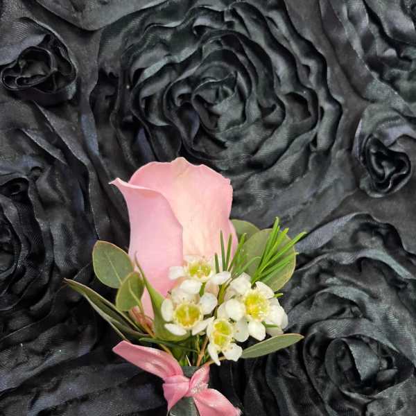 Pink calla lily boutonniere with small white flowers and a pink ribbon