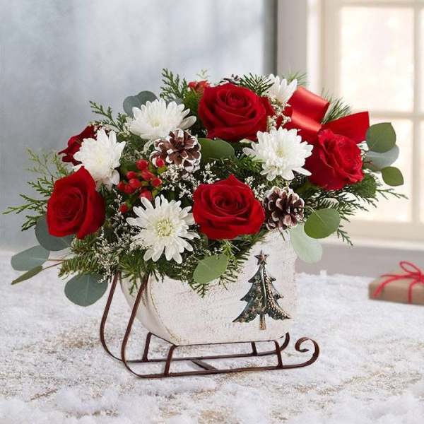 Red roses and white daisies in a sleigh-shaped planter