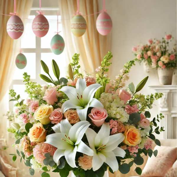 Pastel bouquet with white lilies and pink roses in a glass vase