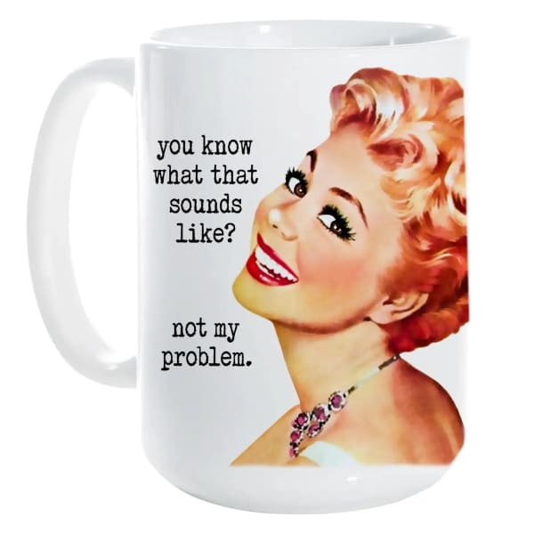 White mug with a retro woman graphic and text