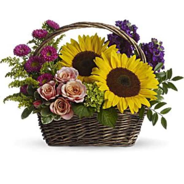 Basket arrangement with sunflowers, roses, and purple flowers