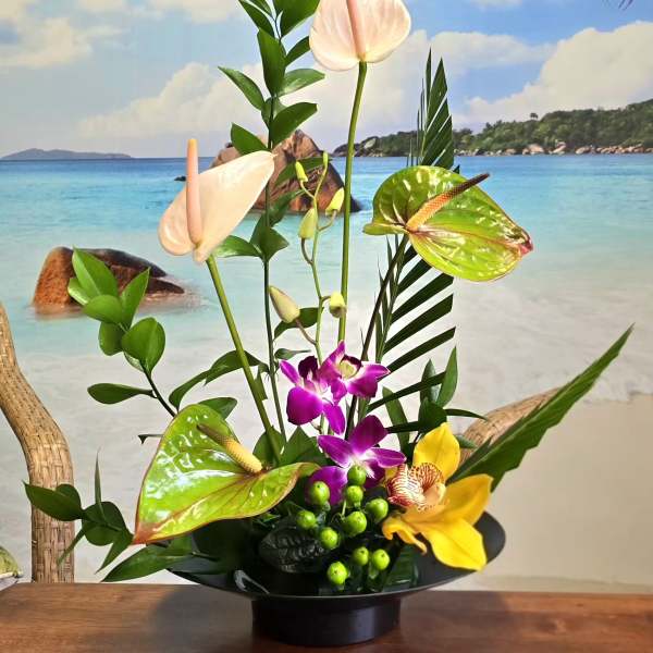 Tropical floral arrangement with orchids and anthuriums in a black bowl