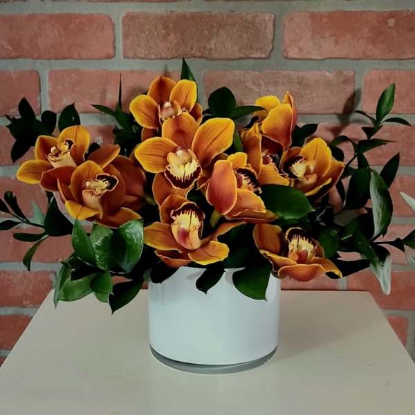 Orange orchids arranged in a white vase