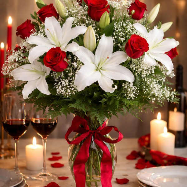 Red roses and white lilies in a glass vase with a red ribbon