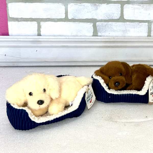 Three plush puppies lying in blue pet beds