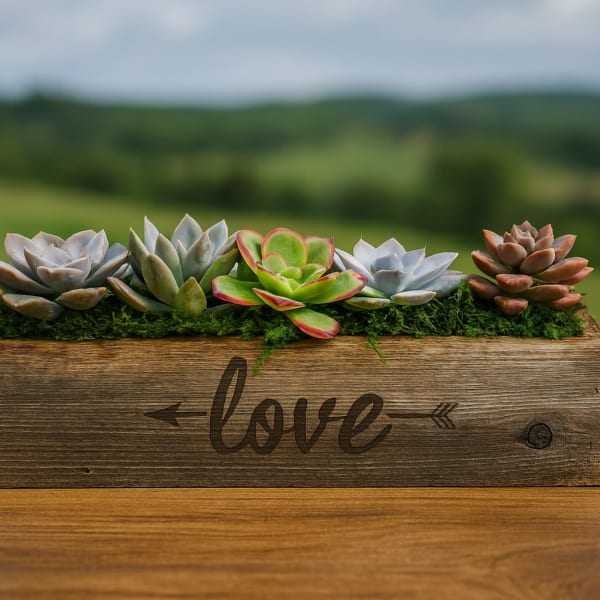 Succulent arrangement in a wooden box with the word love