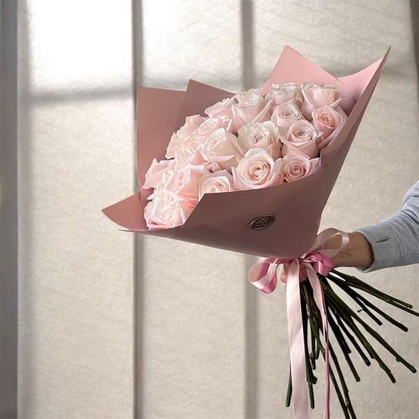 Bouquet of pale pink roses wrapped in pink paper with ribbon