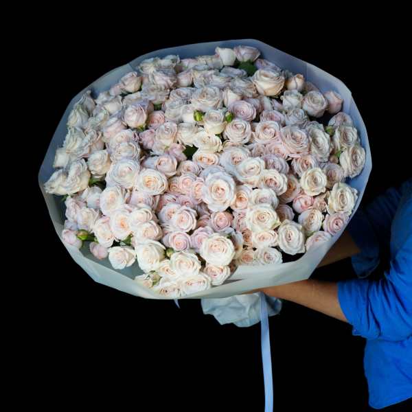 Large bouquet of pale pink and white roses wrapped in light paper