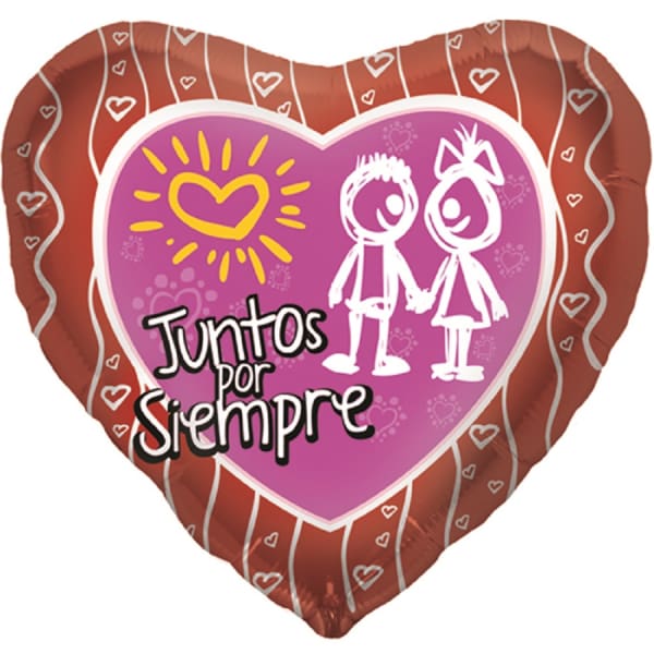 Heart-shaped foil balloon with a couple illustration and Spanish text