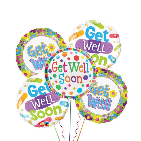 Cluster of colorful get well soon balloons with ribbons