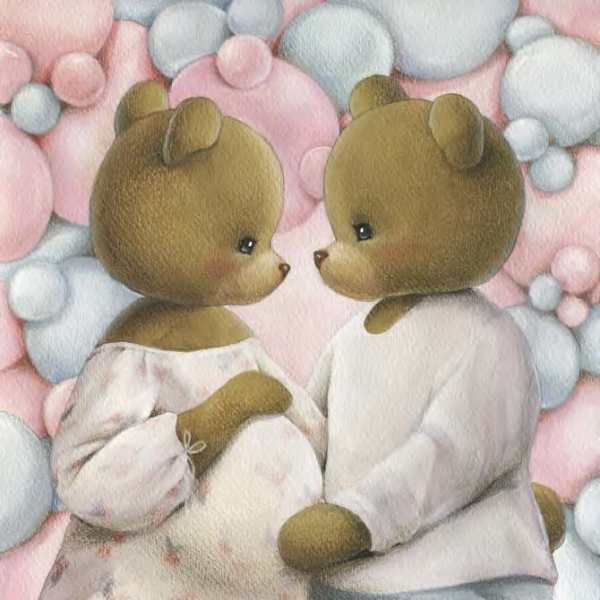 Two teddy bears in pastel clothes face each other against a pink and blue bubble background.