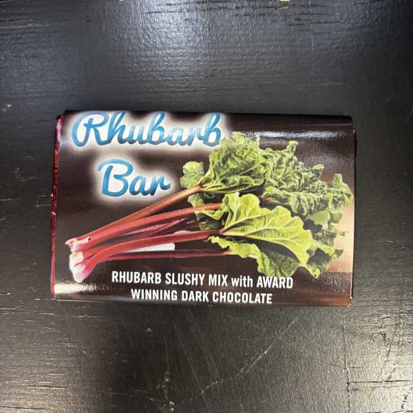 Box of rhubarb slushy mix with dark chocolate
