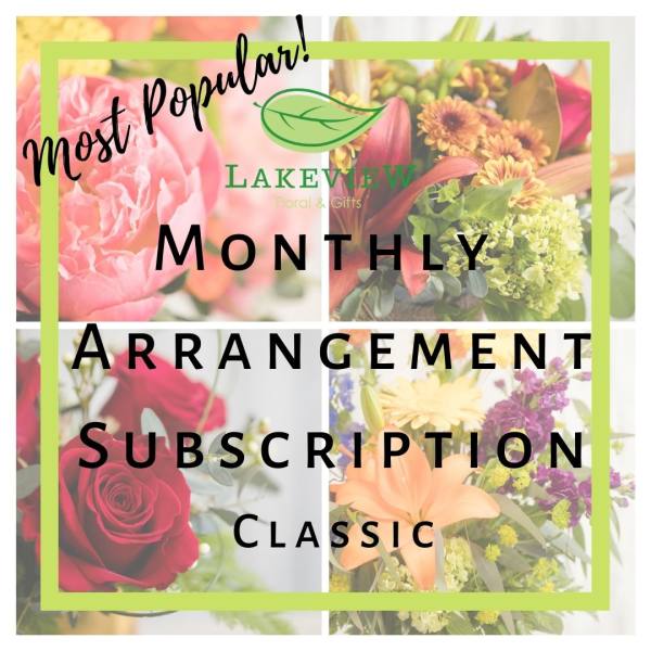 Promotional graphic for a monthly flower arrangement subscription with assorted blooms.