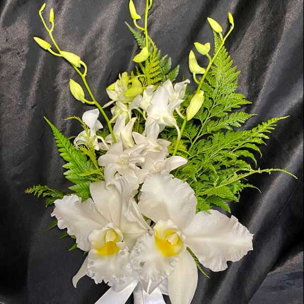 White orchid bouquet with green fern accents and a white ribbon