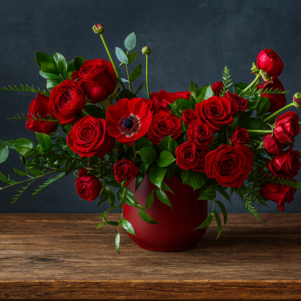 Red roses and a red poppy in a red vase