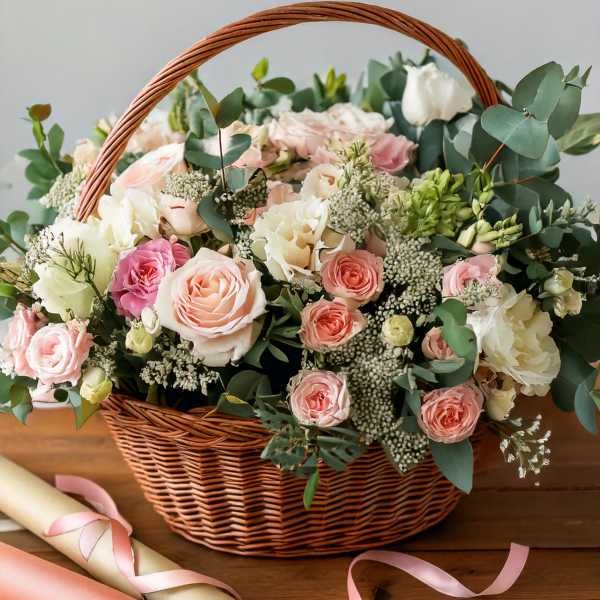 Basket of pink and white roses with eucalyptus and ribbon rolls
