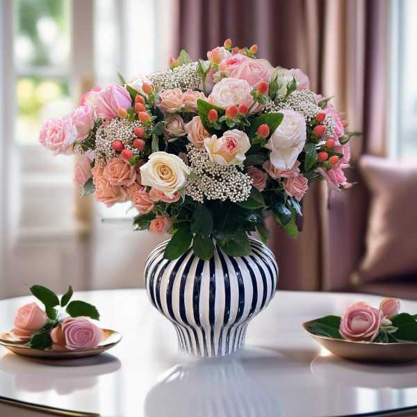 Pink and white rose arrangement in a striped ceramic vase