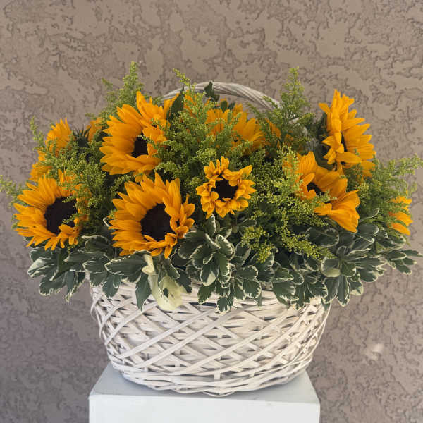 Basket of bright sunflowers with green filler