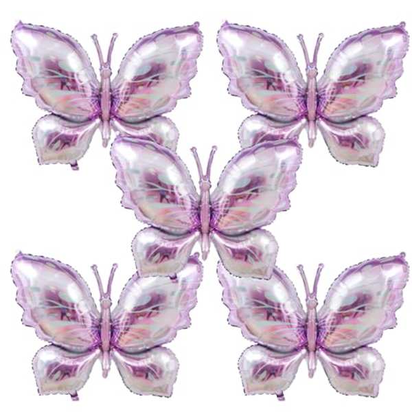 Four purple butterfly-shaped foil balloons on a white background
